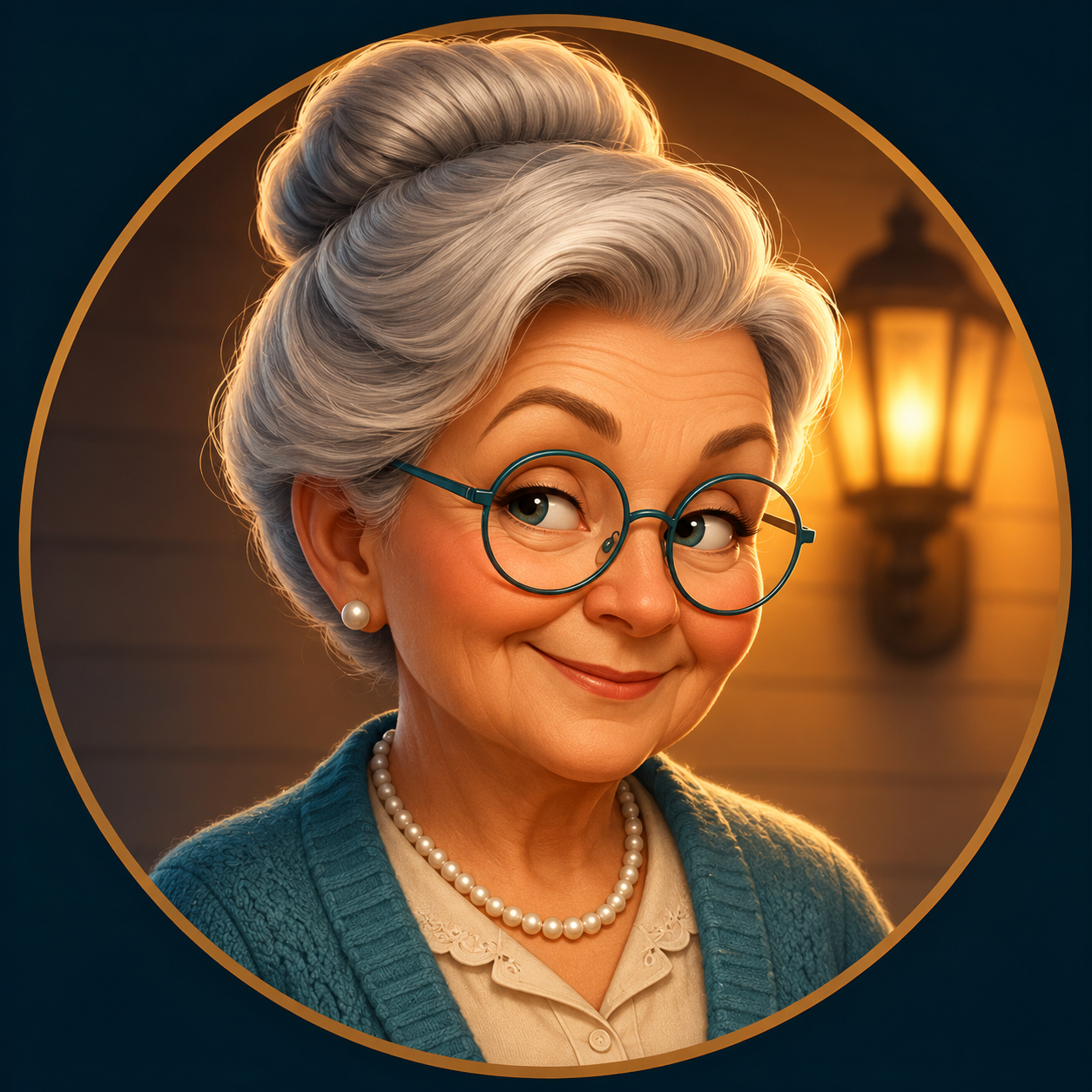 Grandma Pearl — a warm illustrated AI grandma with silver bun, teal glasses and pearl necklace, lit by a porch light