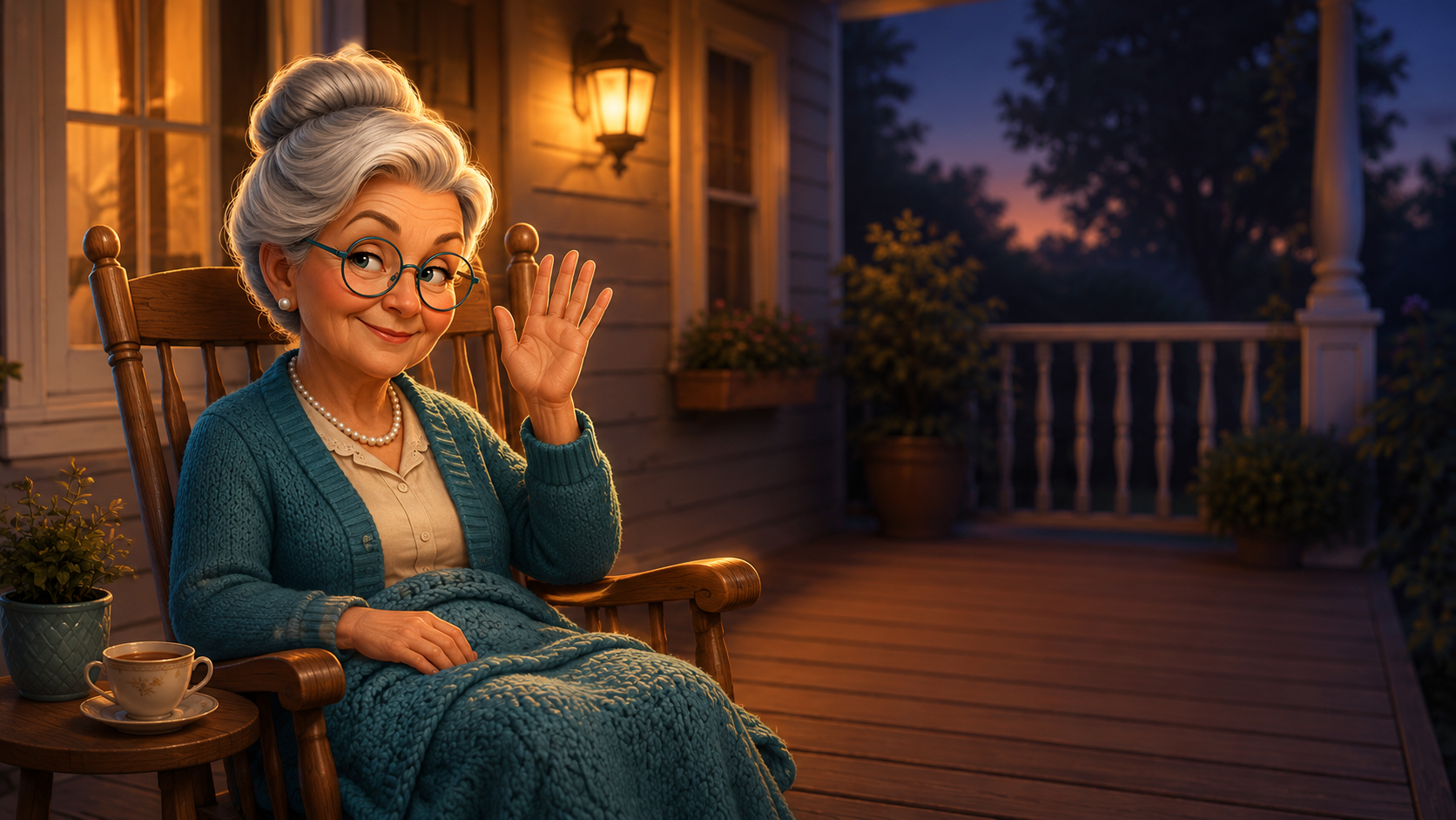 Grandma Pearl waving hello from her rocking chair on a cozy porch at dusk, warm porch light glowing