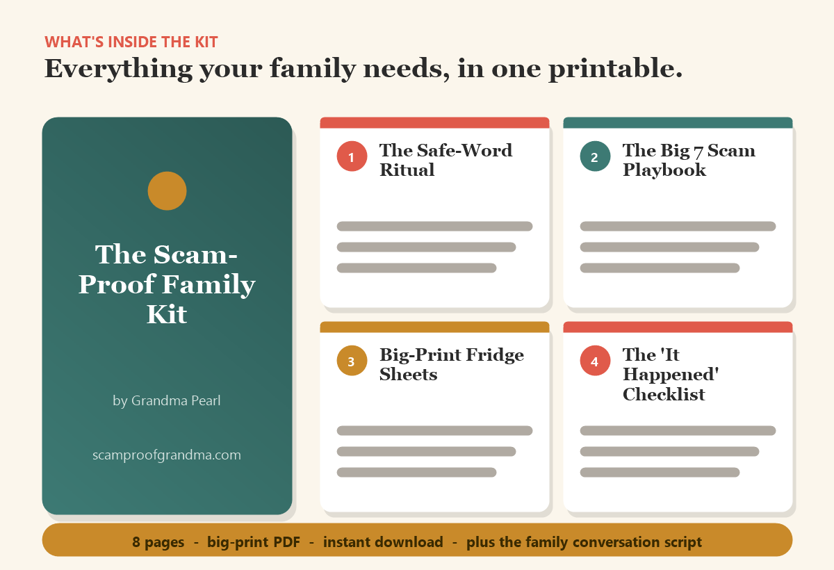 What is inside the Scam-Proof Family Kit: the safe-word ritual, the Big 7 scam playbook, big-print fridge sheets, the It Happened checklist, and the family conversation script